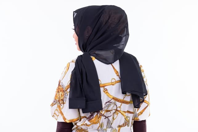 a back view of a young woman wearing traditional clothing